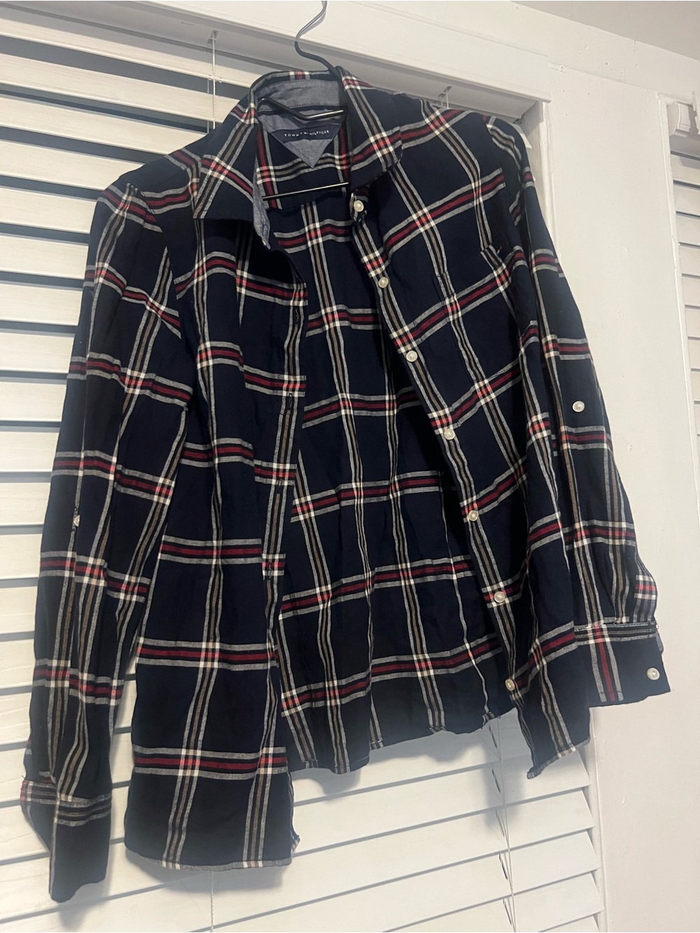 Tommy Hilfiger Navy Plaid Lightweight Shirt Jacket with Red & White Stripes